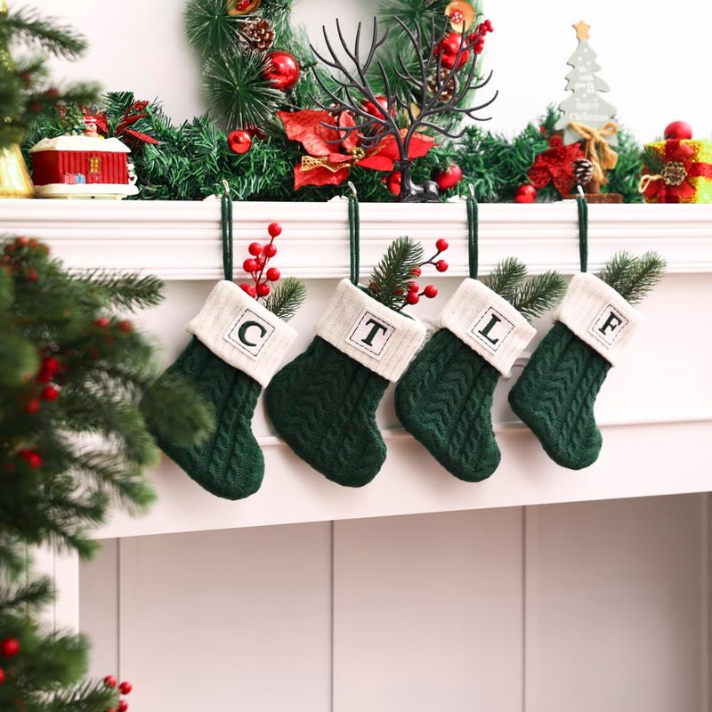 OJCHRLKF 8 Inches Mini Initial Monogram Embroidered Christmas Stocking Knitted Christmas Decorations Stocking Red,White,Green Knit Cute Christmas Stocking-Green-Y-60 - Image 5
